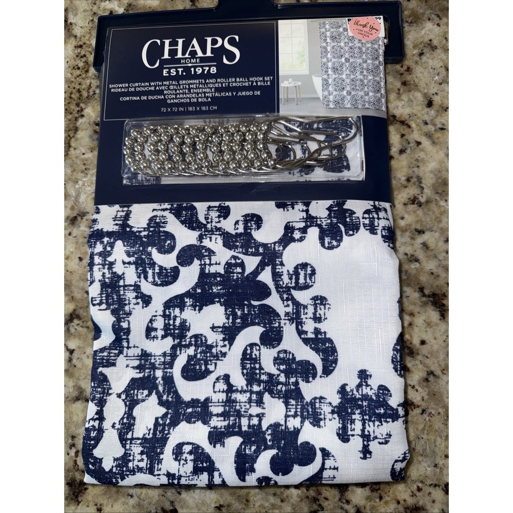 NEW Chaps Home Shower Curtain‎ w/Roller Ball Hooks 72" x 72"  Blue & White 5208